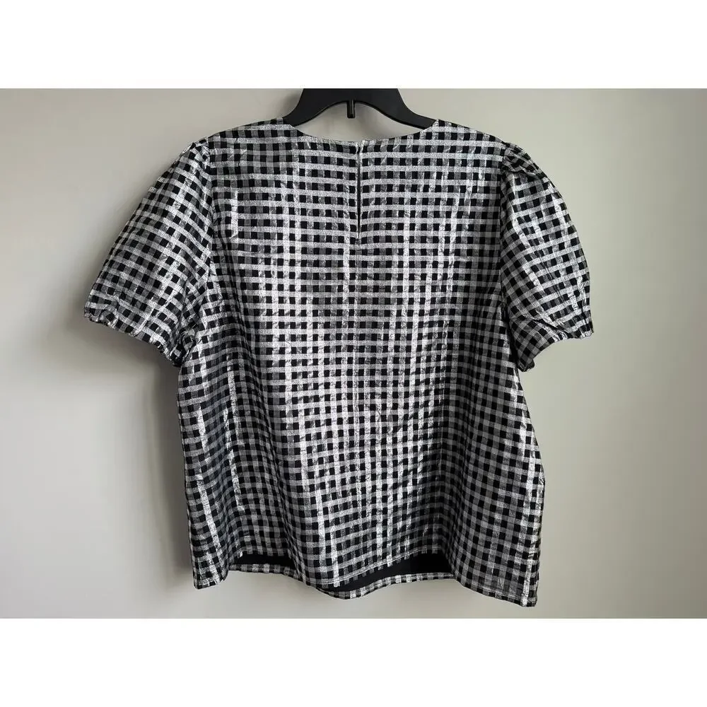 J. Crew Metallic Gingham Puff-Sleeve Blouse Top Black White Womens Size XXL NWT